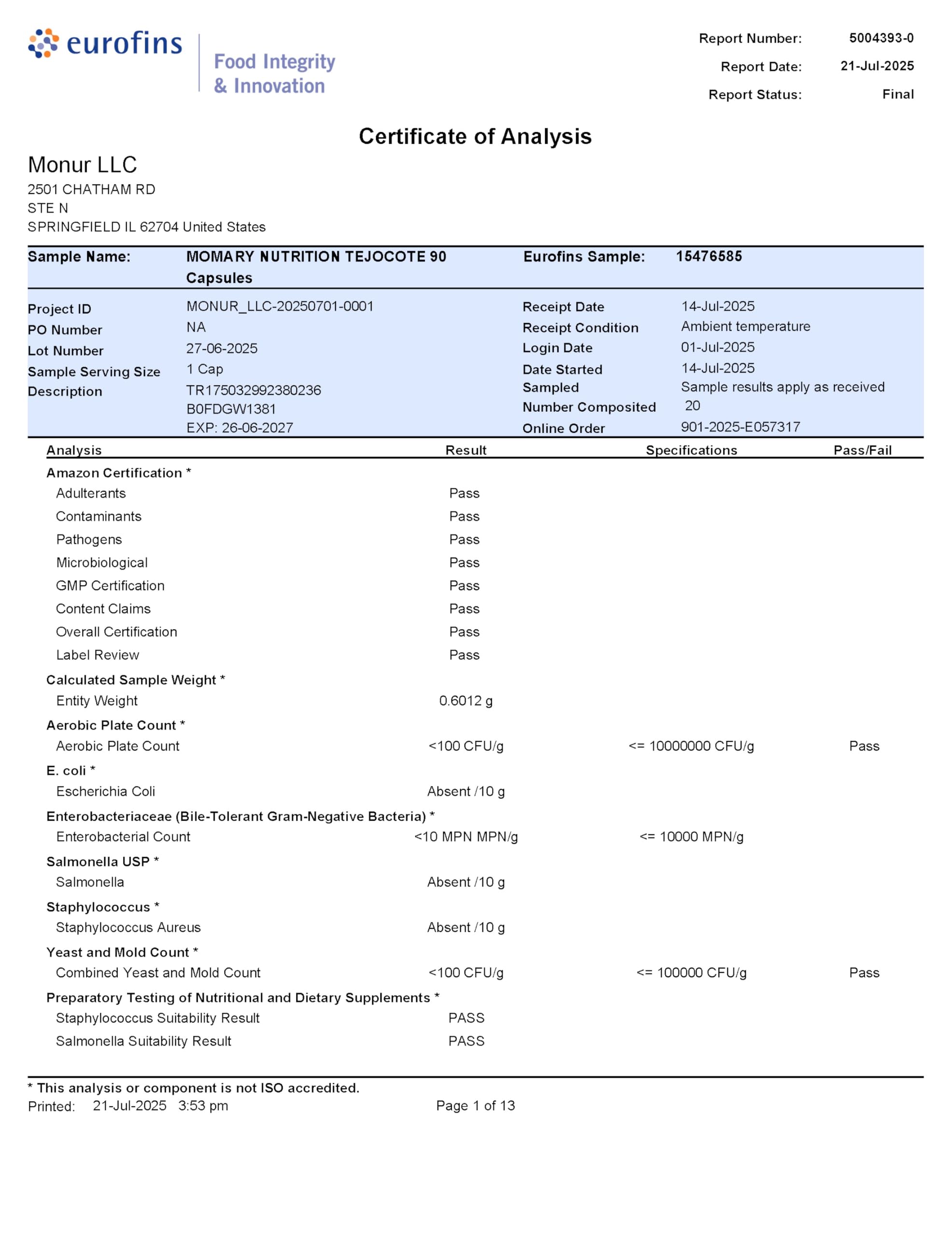 Momary Nutrition Ingredient label highlights plant-based, additive-free formula.