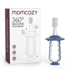 Blue Momcozy baby toothbrush with suction base