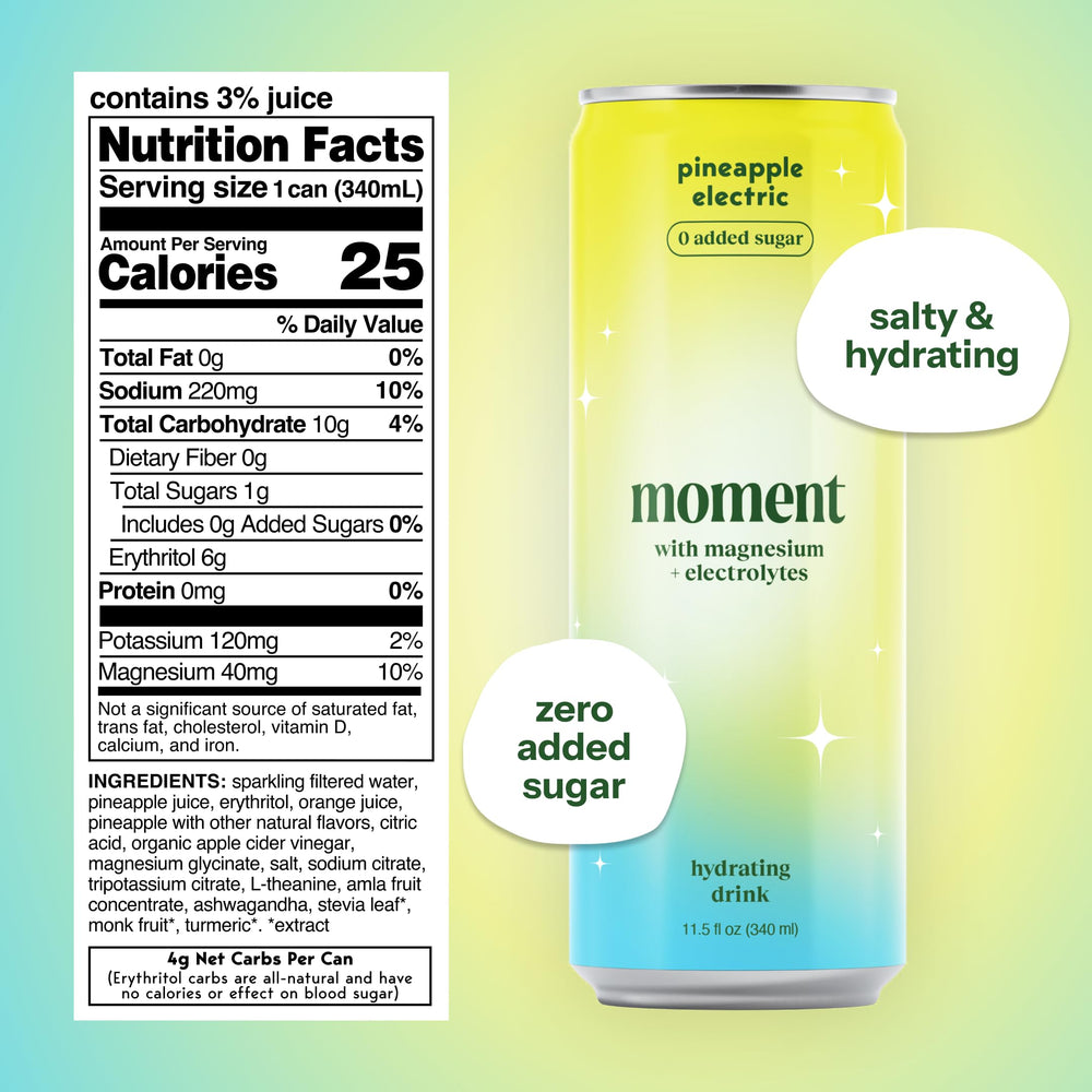 Moment Pineapple Electric packaging displays a convenient 12-pack for on-the-go hydration.