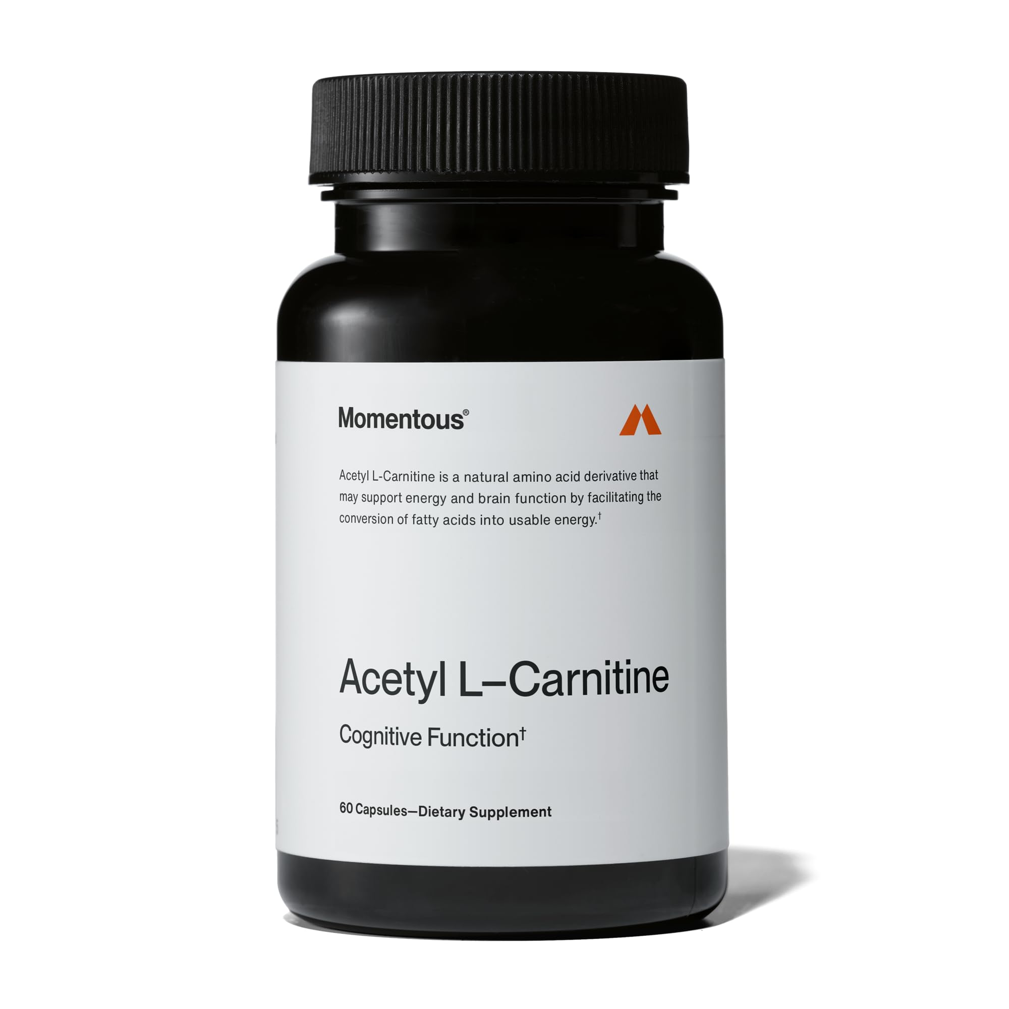 Momentous Acetyl-Carnitine bottle showing label and 60 servings