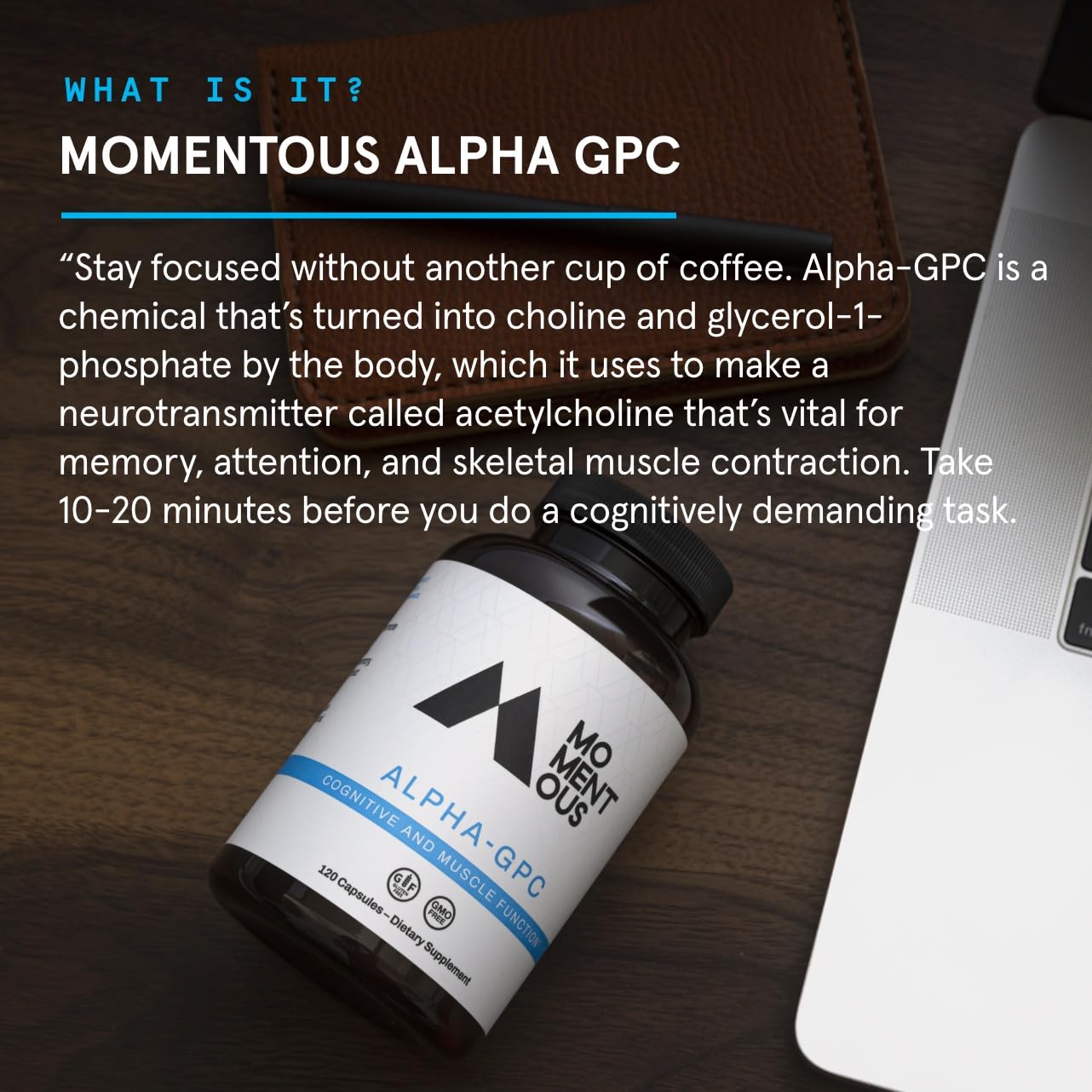 Momentous Alpha GPC bottle with 60 servings label