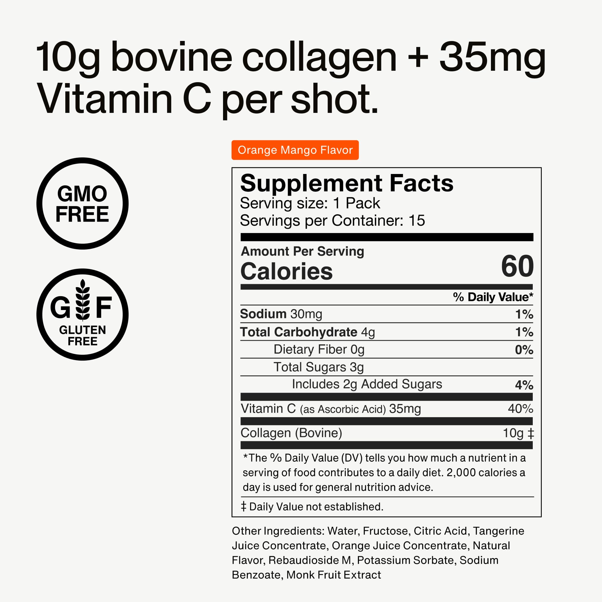 Back nutrition facts panel for Momentous Collagen Shot