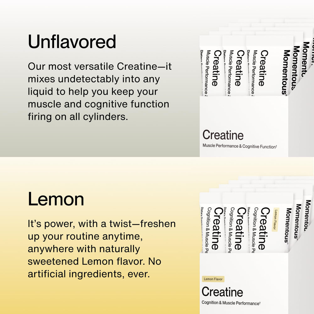 Momentous Creatine Lemon bottle label highlighting Creapure and NSF.