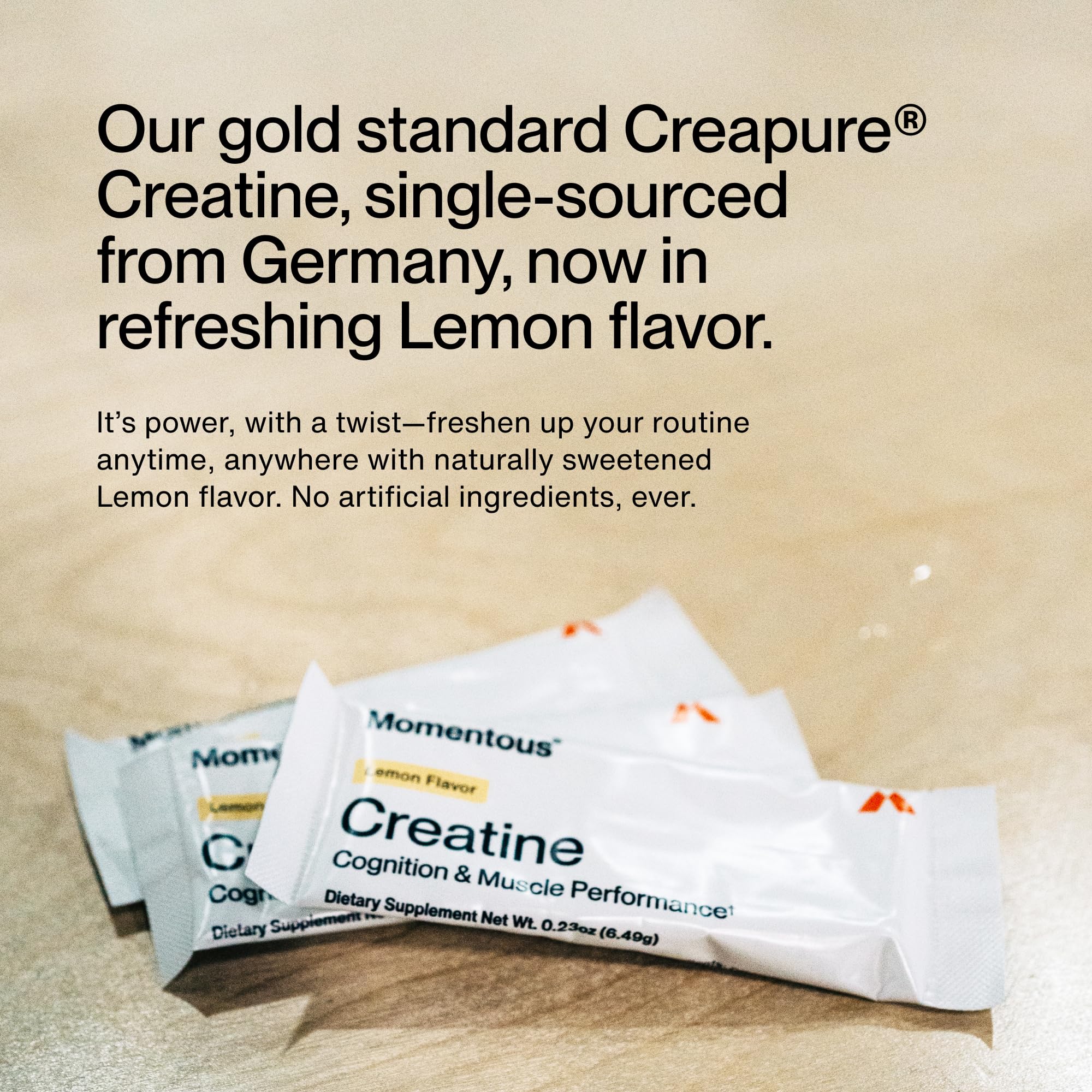 Single-serve lemon Creatine packet from Momentous