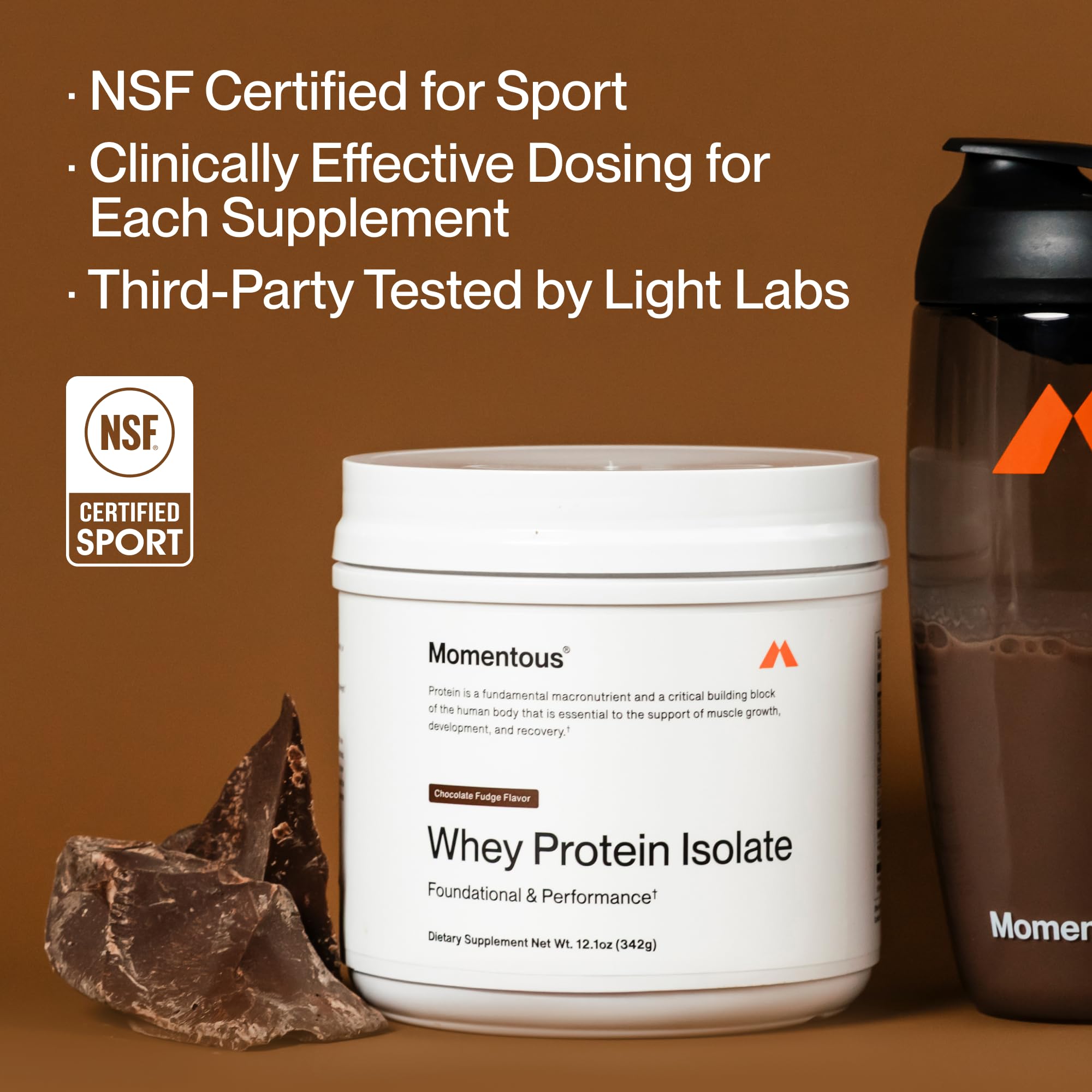 Momentous Essential Grass-Fed Whey Protein Powder NSF-certified logo—trusted sport nutrition.