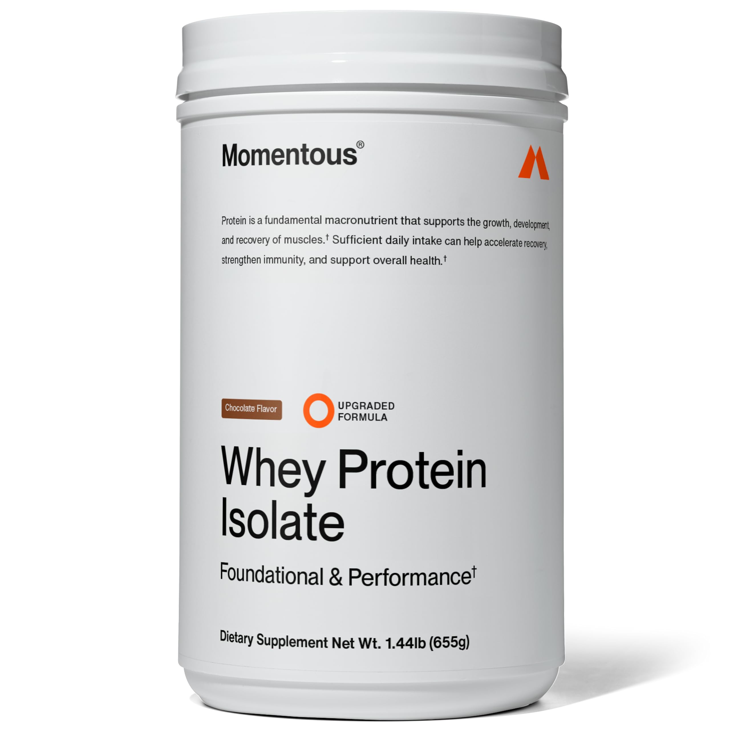 Container of Momentous Essential Grass-Fed Whey Protein Powder in Chocolate flavor