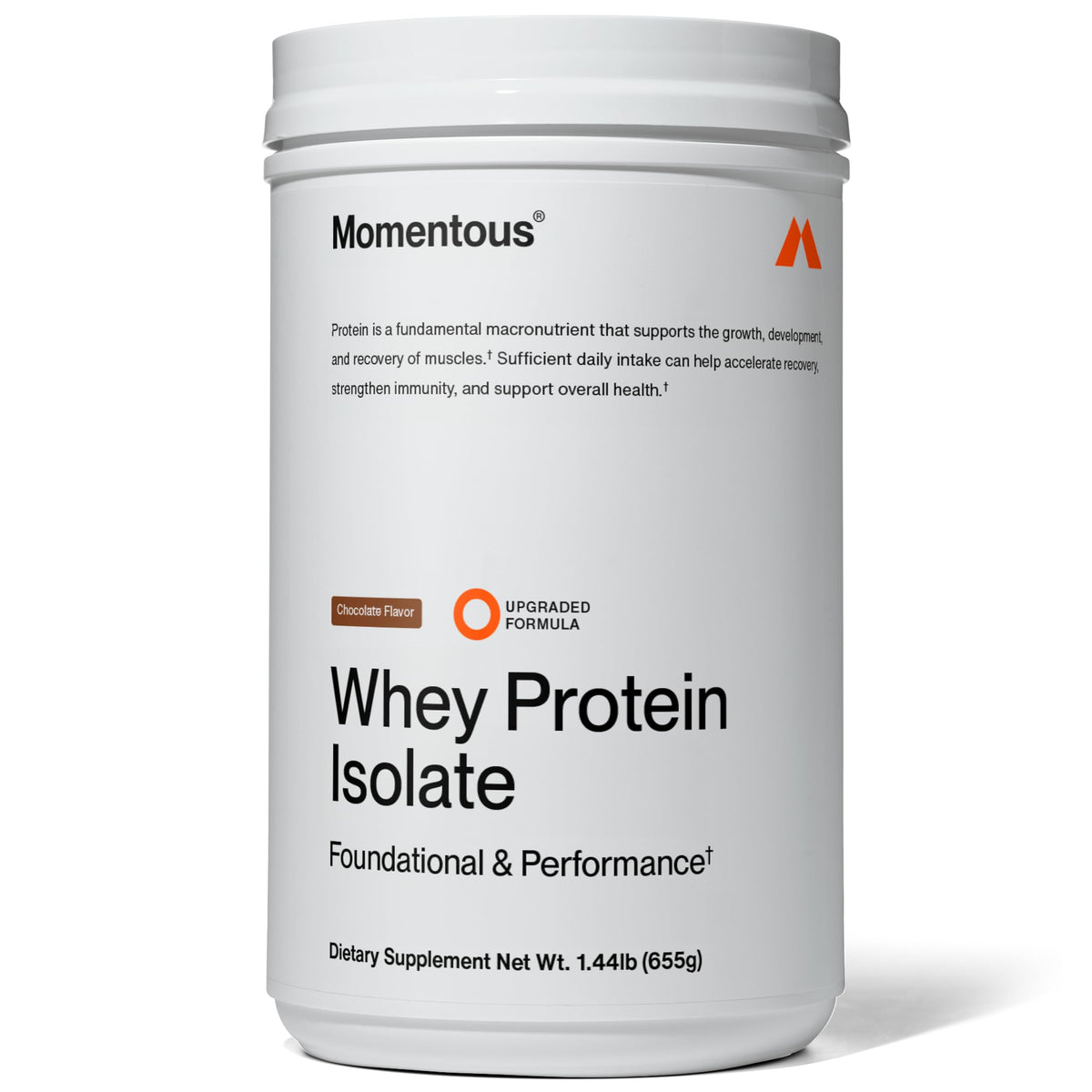 Container of Momentous Essential Grass-Fed Whey Protein Powder in Chocolate flavor