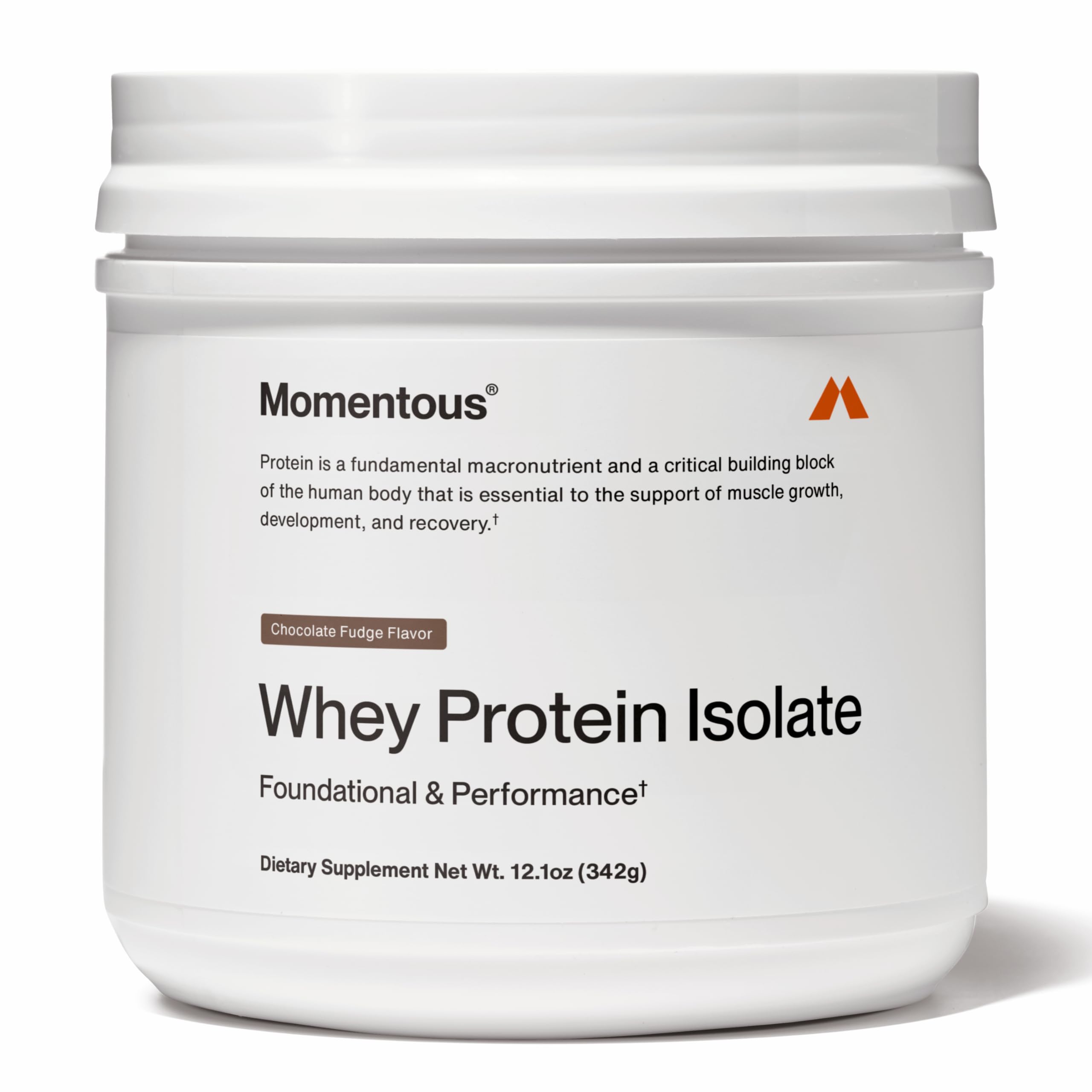 Momentous Essential Grass-Fed Whey Protein Powder tub front for daily workouts.