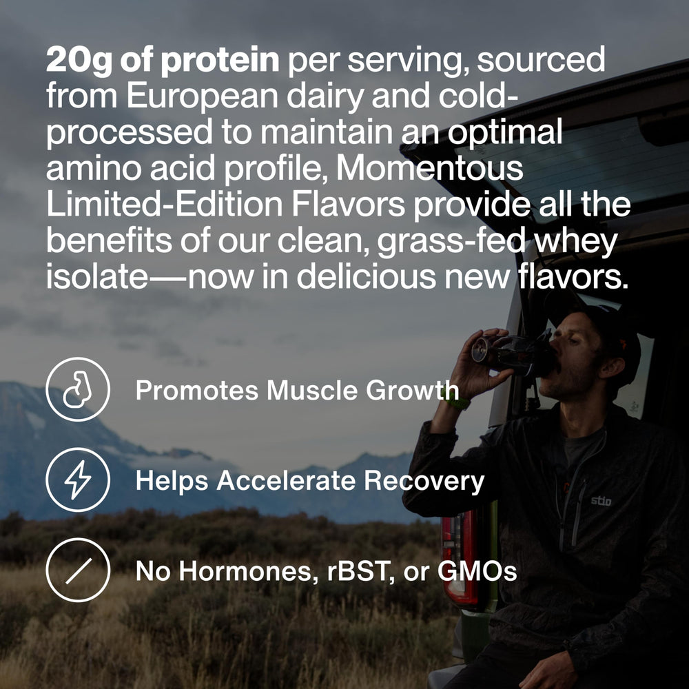 Momentous Essential Grass-Fed Whey Protein Powder tub label closeup showing gluten-free and NSF-certified quality.