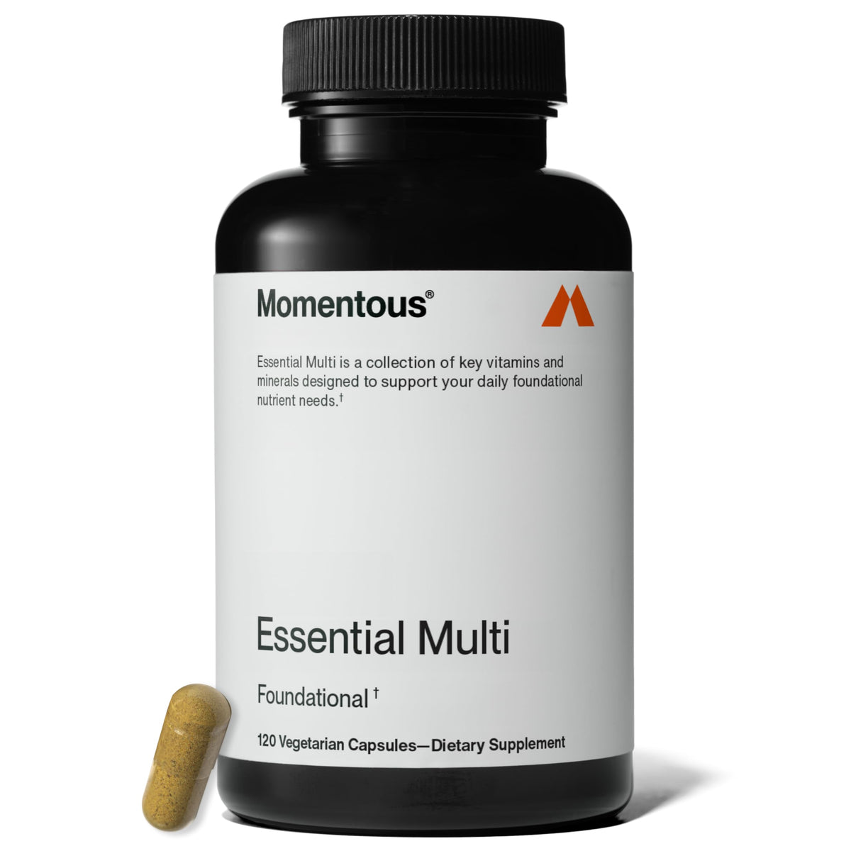 Front view of Momentous Essential Multivitamin bottle for women and men