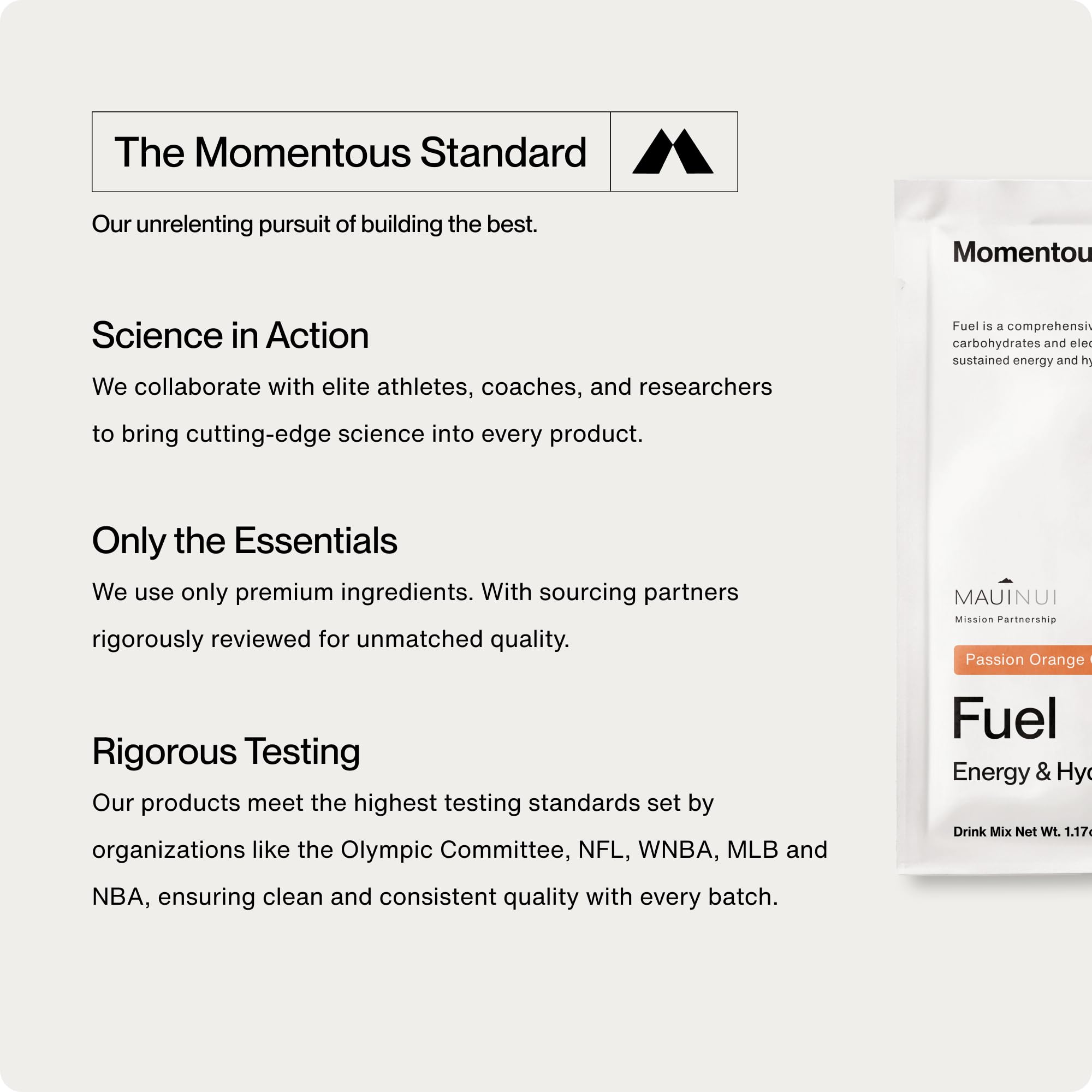 Momentous Fuel gluten-free and GMO-free label emphasizing clean ingredients