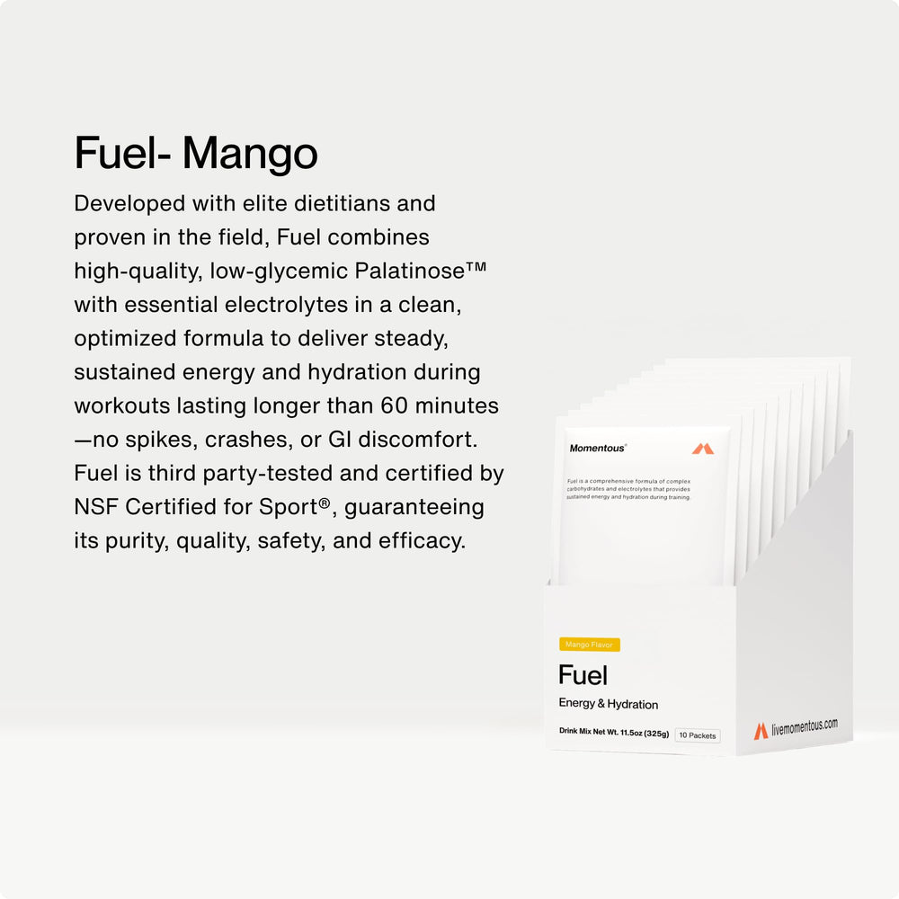 Close-up of Momentous Fuel Mango scoop pouring powder