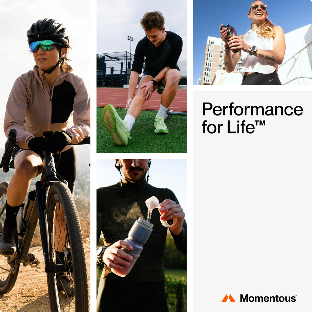 Mango-flavored Momentous Fuel packaging with serving scoop