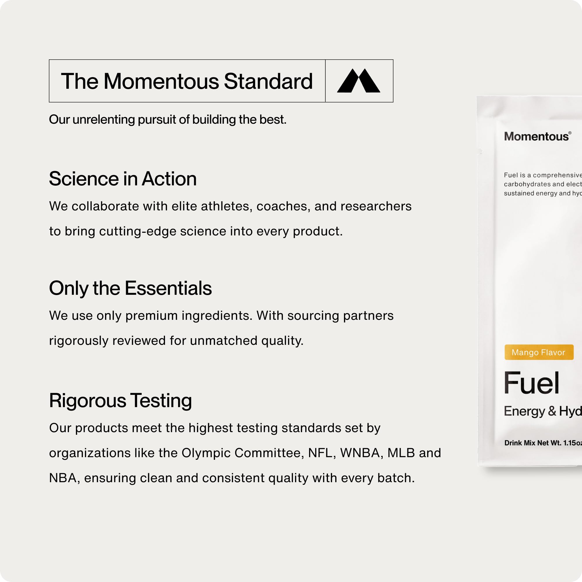 Momentous Fuel NSF-certified label emphasizes product purity and sport-ready performance support.