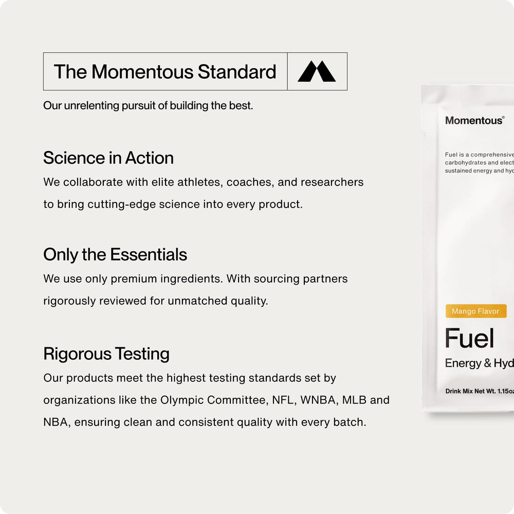 Momentous Fuel NSF-certified label emphasizes product purity and sport-ready performance support.