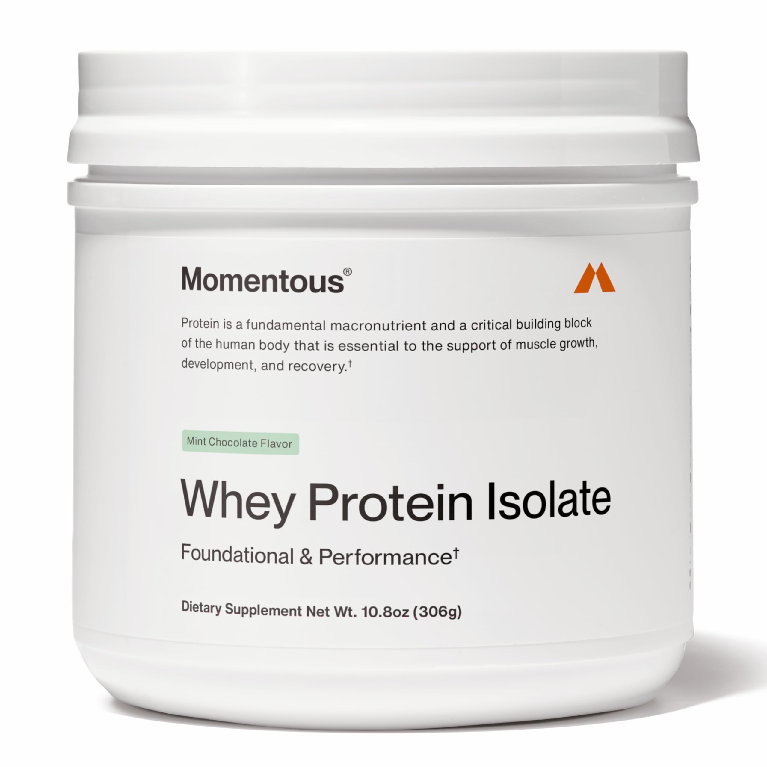 Momentous Grass-Fed Whey Protein Mint Chocolate tub front view
