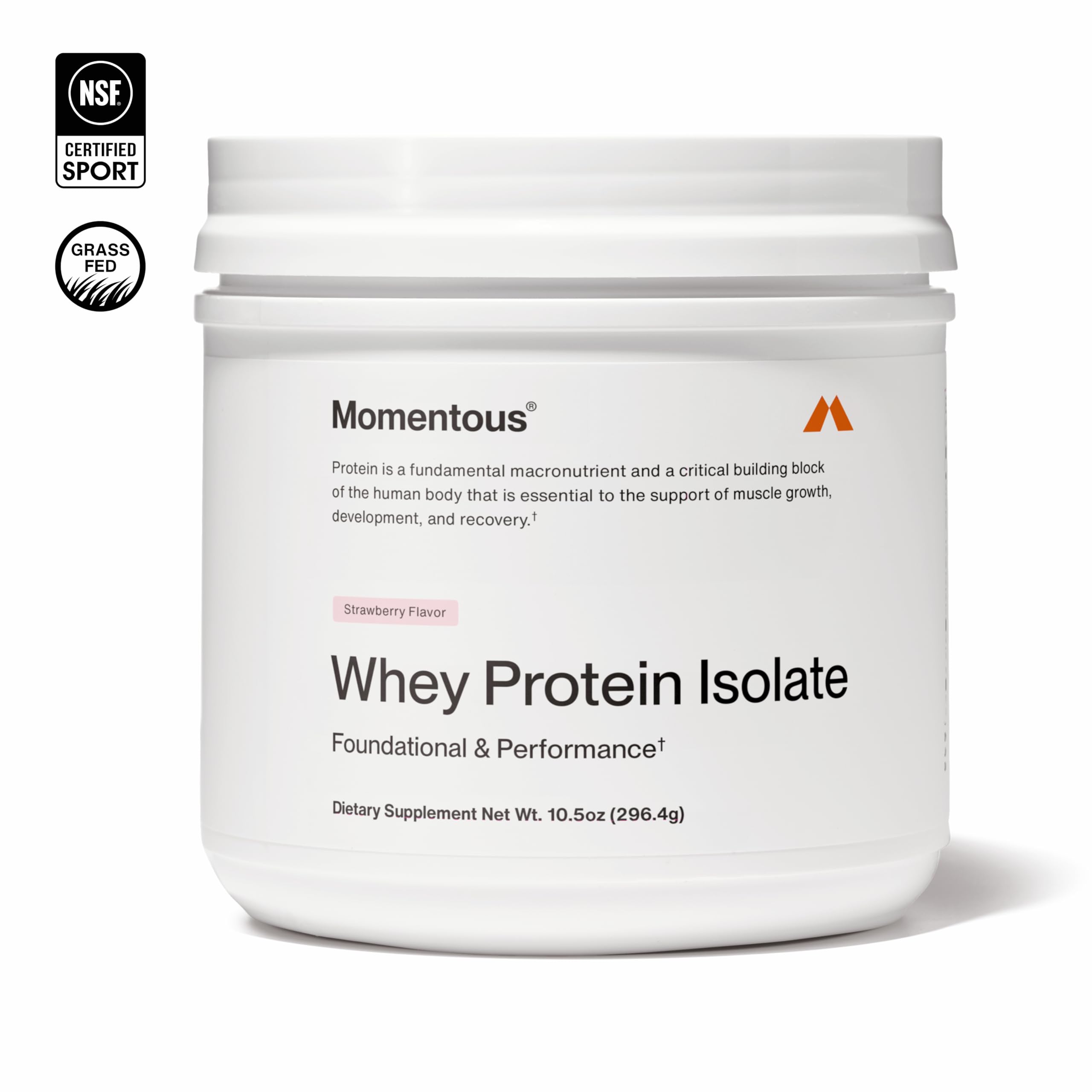 Strawberry-flavored Momentous whey protein close-up