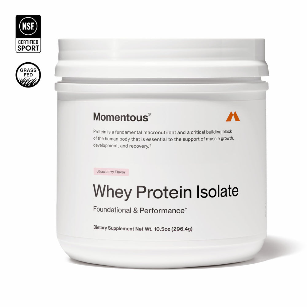 Strawberry-flavored Momentous whey protein close-up