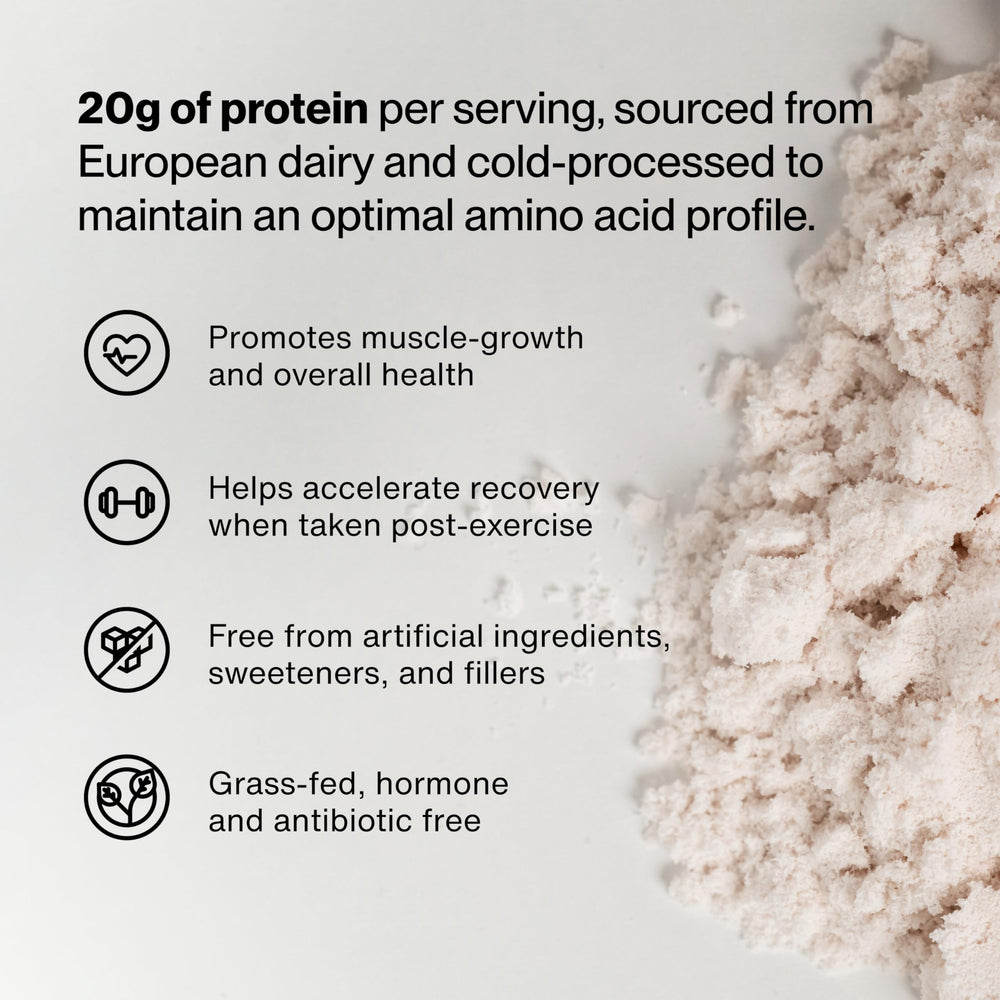 Momentous Strawberry flavored whey protein powder in container