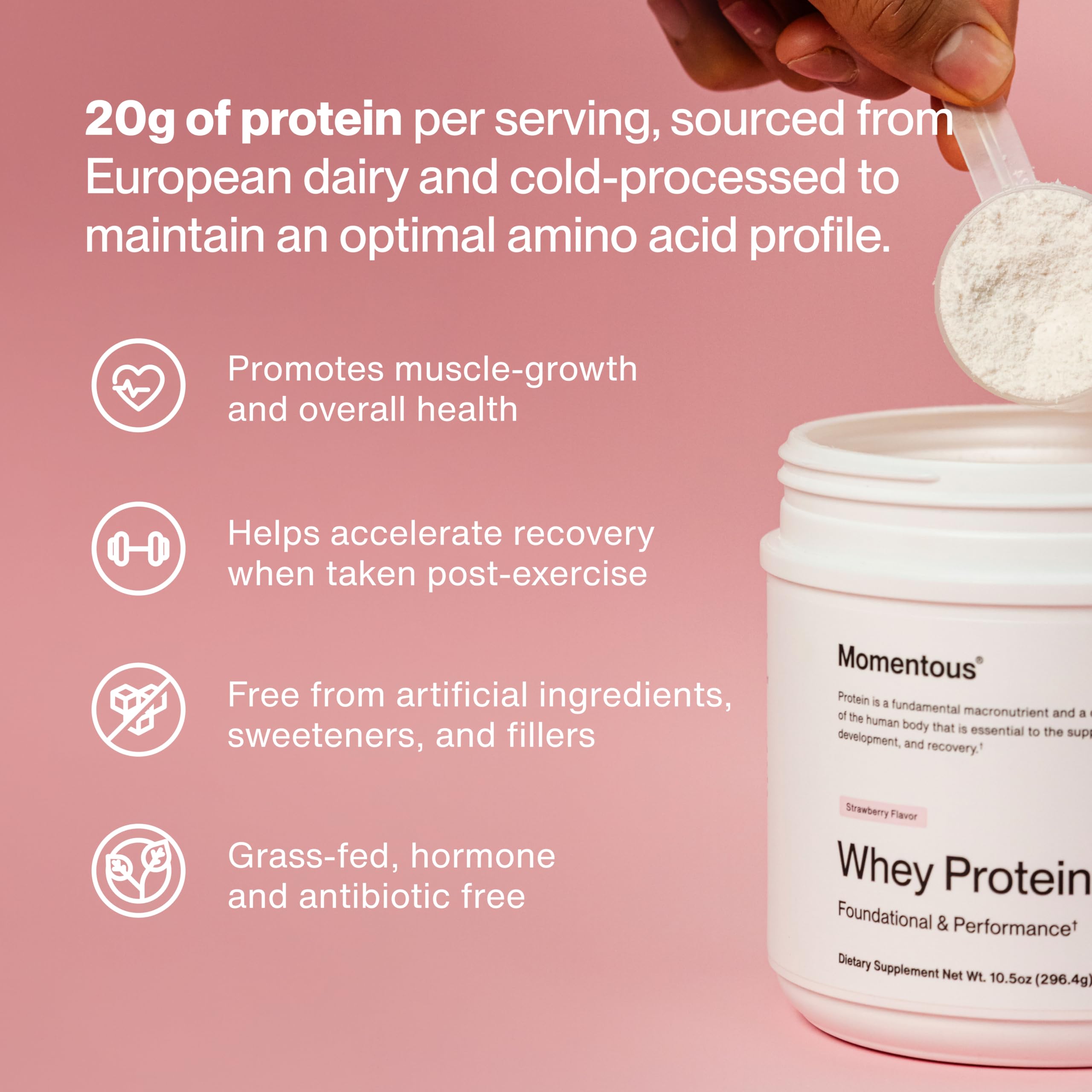 Serving scoop with Momentous grass-fed whey protein powder