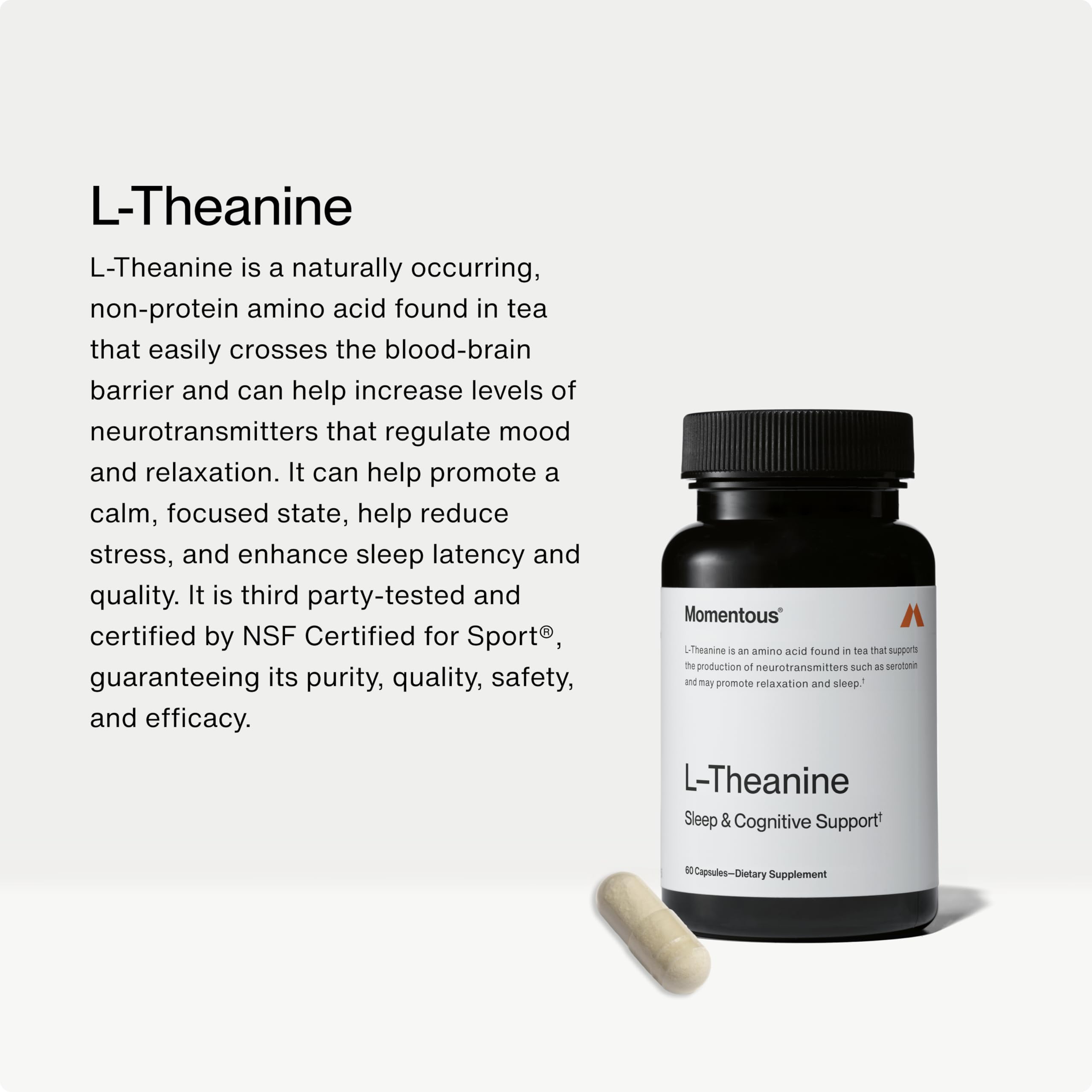 Back view of Momentous L-Theanine 200 mg capsules showing label