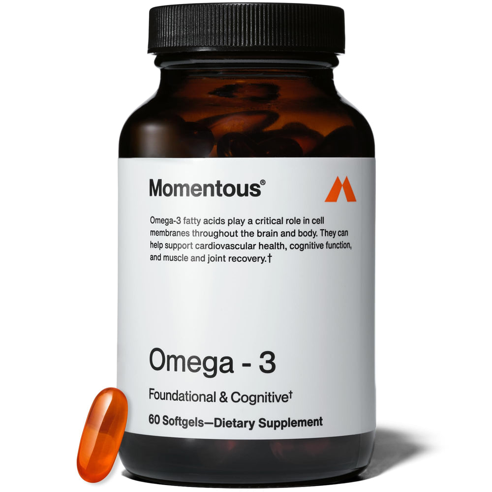 Front view of Momentous Omega-3 Fish Oil bottle