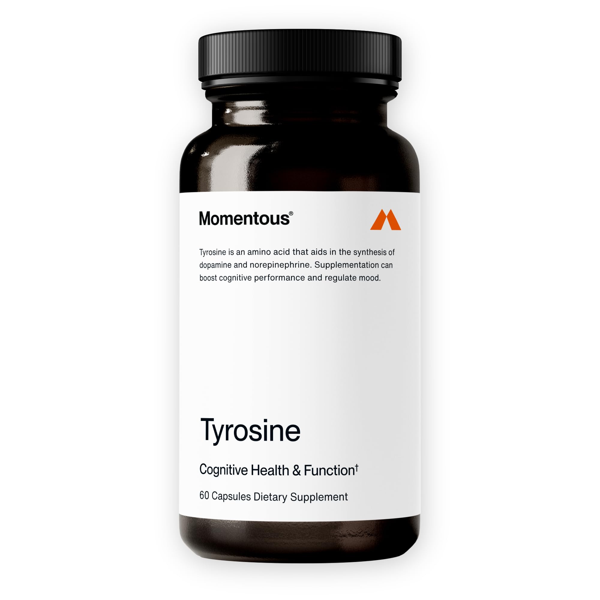 Front label of Momentous Tyrosine Capsules bottle showing 60 servings