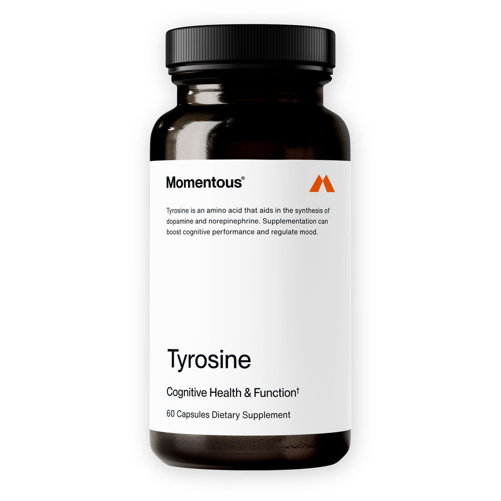 Front label of Momentous Tyrosine Capsules bottle showing 60 servings