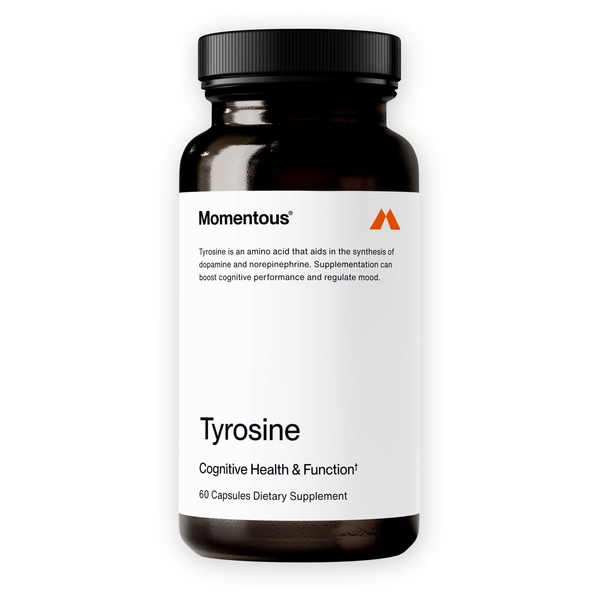 Front label of Momentous Tyrosine Capsules bottle showing 60 servings