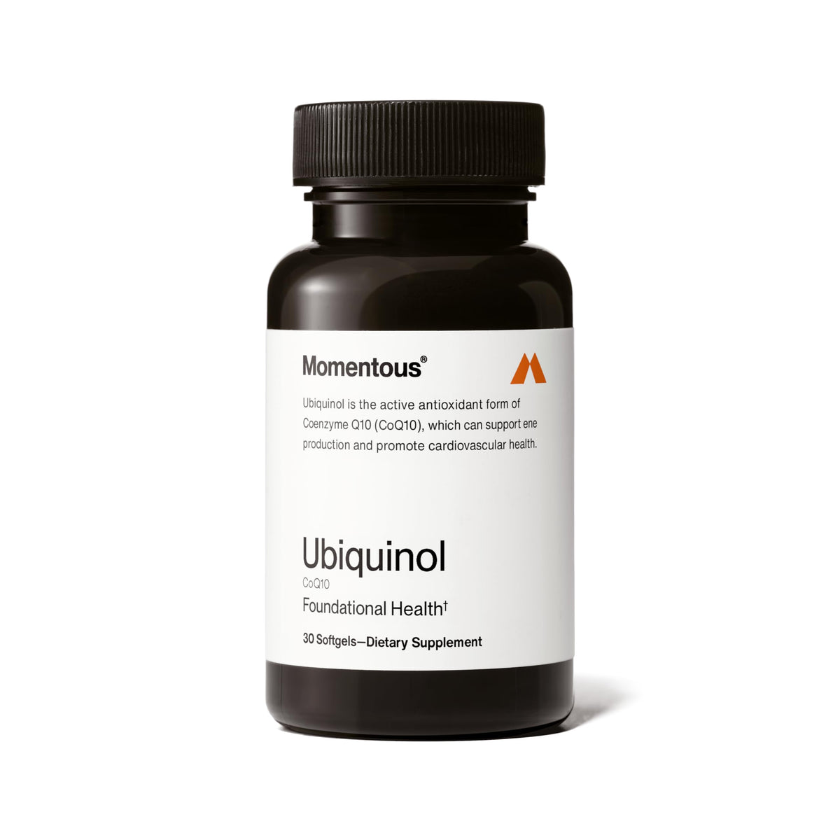 Front bottle of Momentous Ubiquinol CoQ10 softgels with label visible