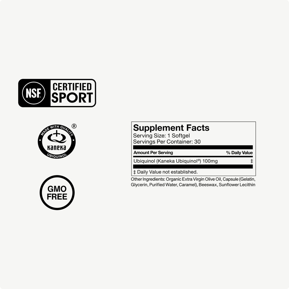 Plant-based CoQ10 softgel capsules on white background