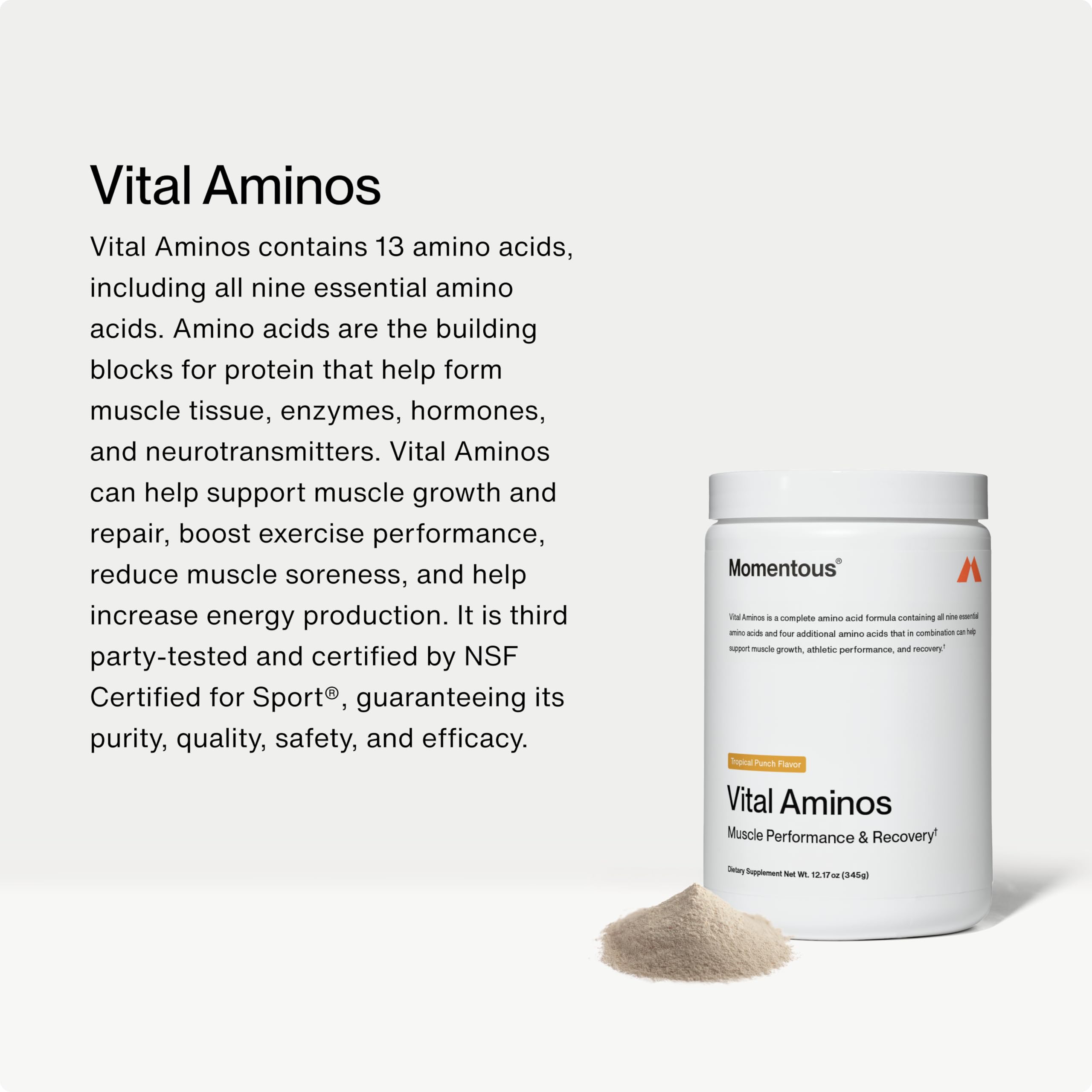 Close-up of Vital Aminos nutrition label highlighting 13 amino acids