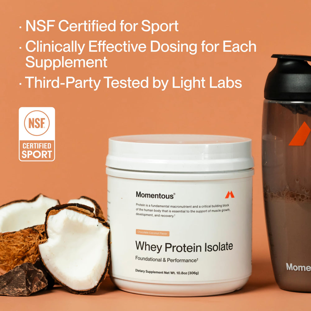 Gluten-free certification on Momentous whey protein packaging