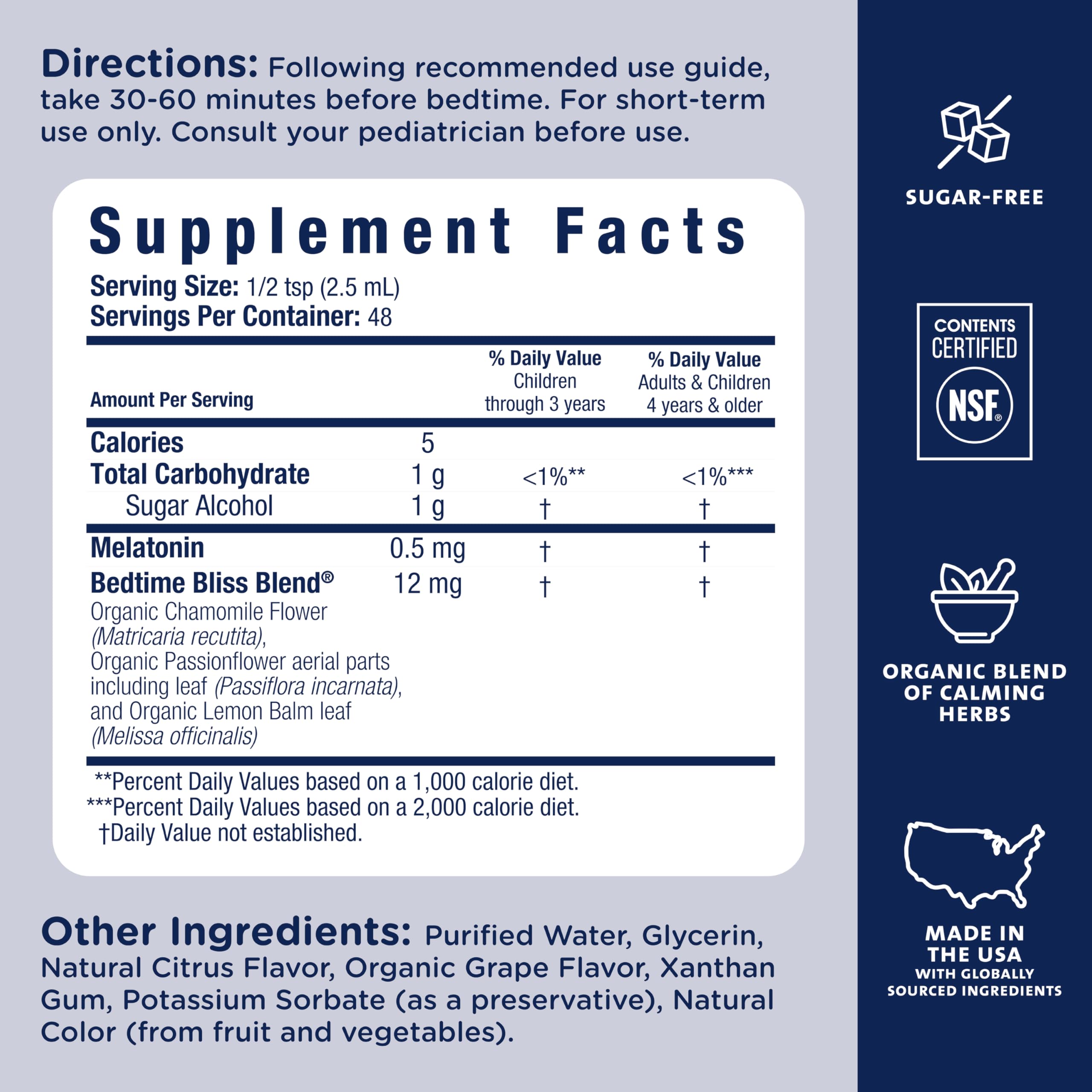 Bedtime Blend ingredients: organic chamomile, lemon balm, passion flower