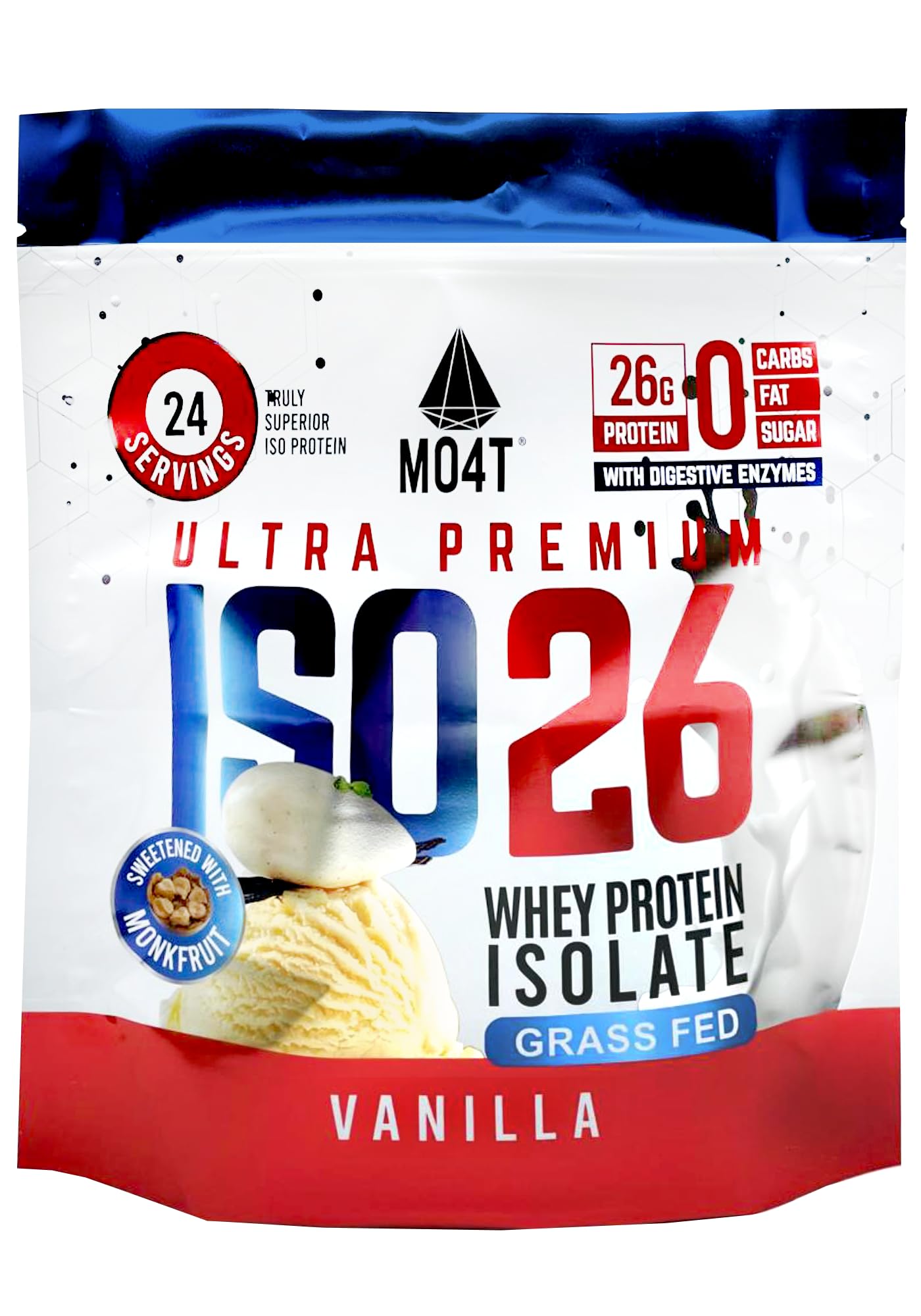 MOMOF4TRANSFORM iso26 grass-fed whey isolate vanilla pouch – protein-packed shake base.