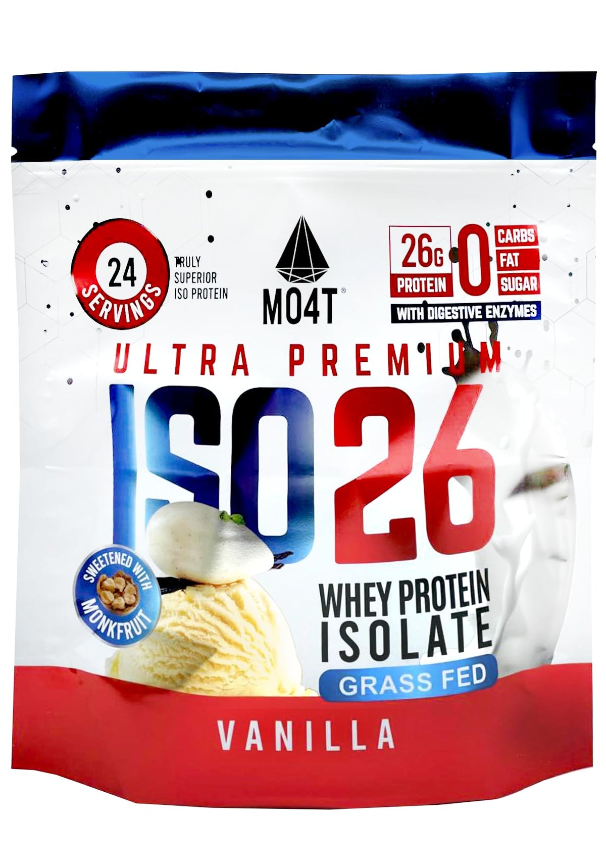 MOMOF4TRANSFORM iso26 grass-fed whey isolate vanilla pouch – protein-packed shake base.