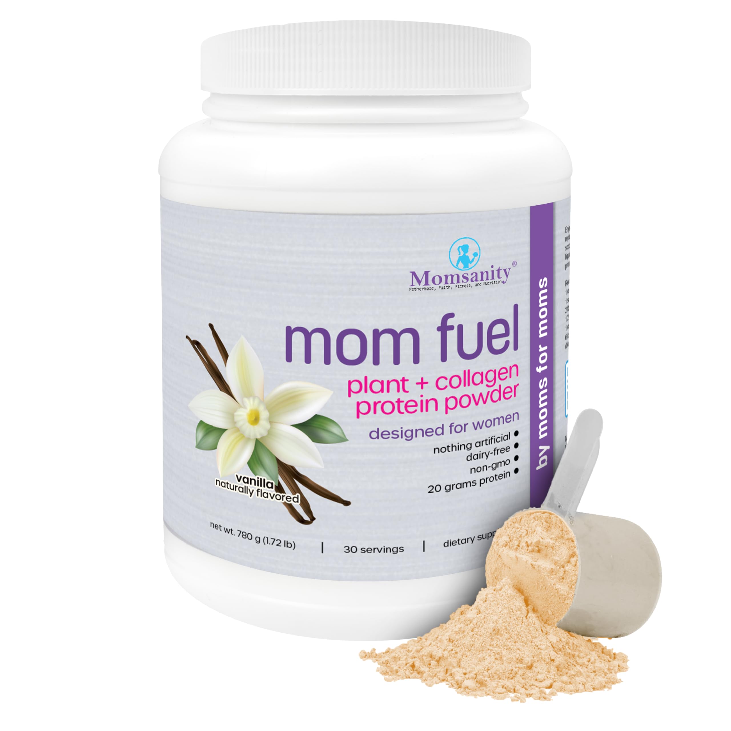 Momsanity dairy-free protein powder pour demonstrates a creamy shake ideal after workouts.