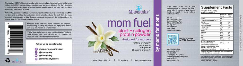 Momsanity dairy-free vanilla label closeup highlights clean ingredients and non-GMO formulation.