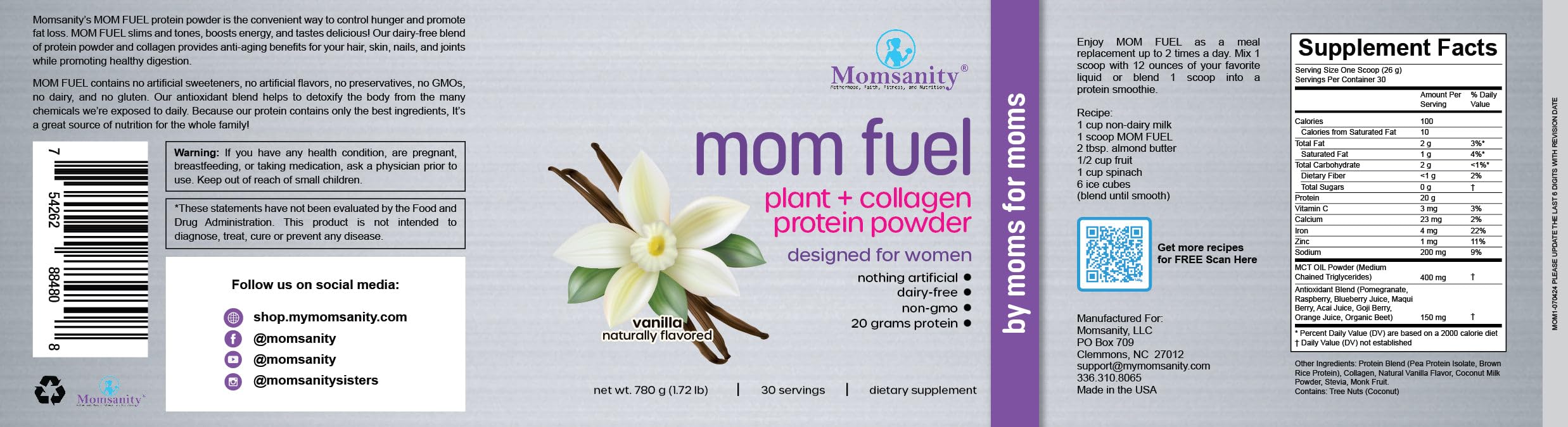 Momsanity dairy-free vanilla label closeup highlights clean ingredients and non-GMO formulation.
