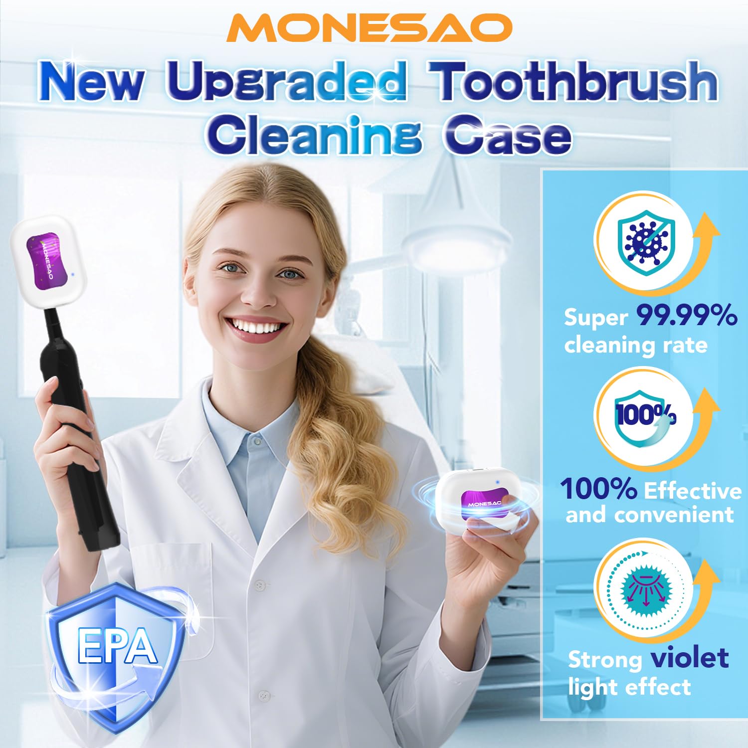 Open MONESAO case showing interior clip and 360° cleaning capability