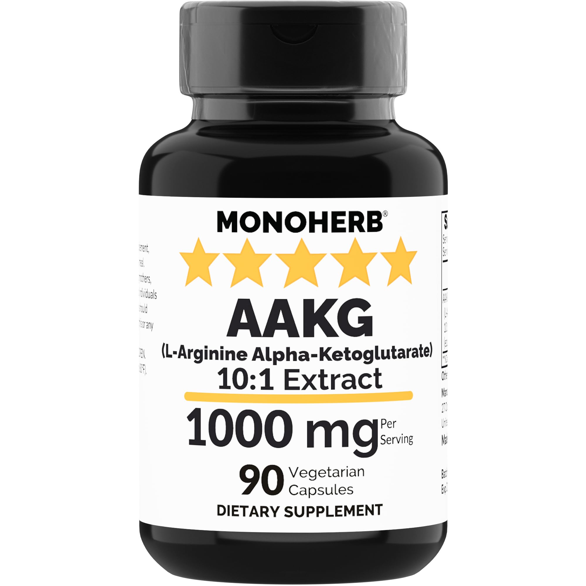 MONOHERB AAKG bottle label showing 1000 mg L-Arginine Alpha-Ketoglutarate and 90 vegetarian capsules