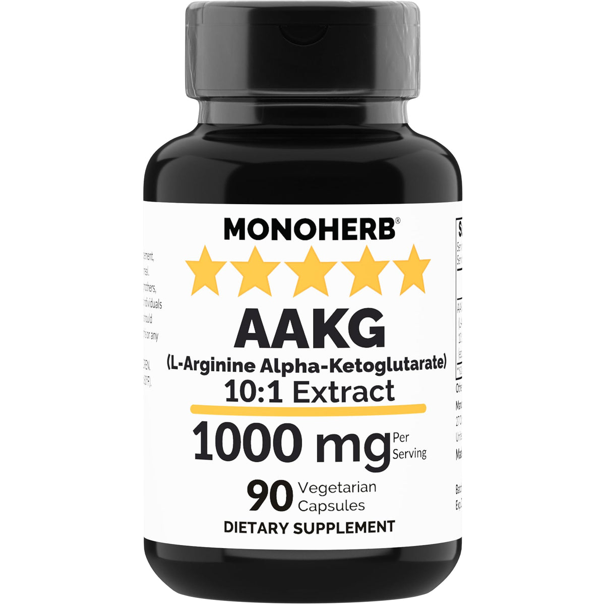 MONOHERB AAKG bottle label showing 1000 mg L-Arginine Alpha-Ketoglutarate and 90 vegetarian capsules