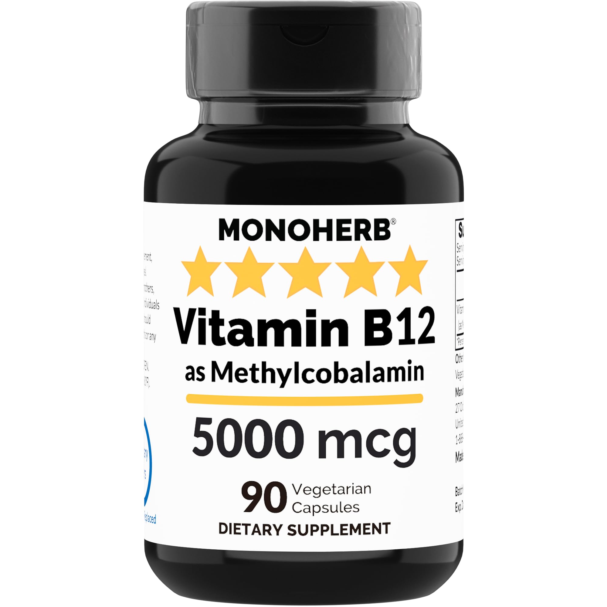 Bottle of MONOHERB Vitamin B12 Methylcobalamin 5000 mcg 90 vegetarian capsules