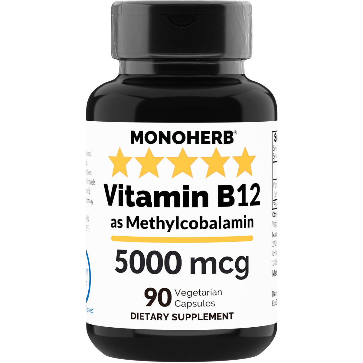 Bottle of MONOHERB Vitamin B12 Methylcobalamin 5000 mcg 90 vegetarian capsules