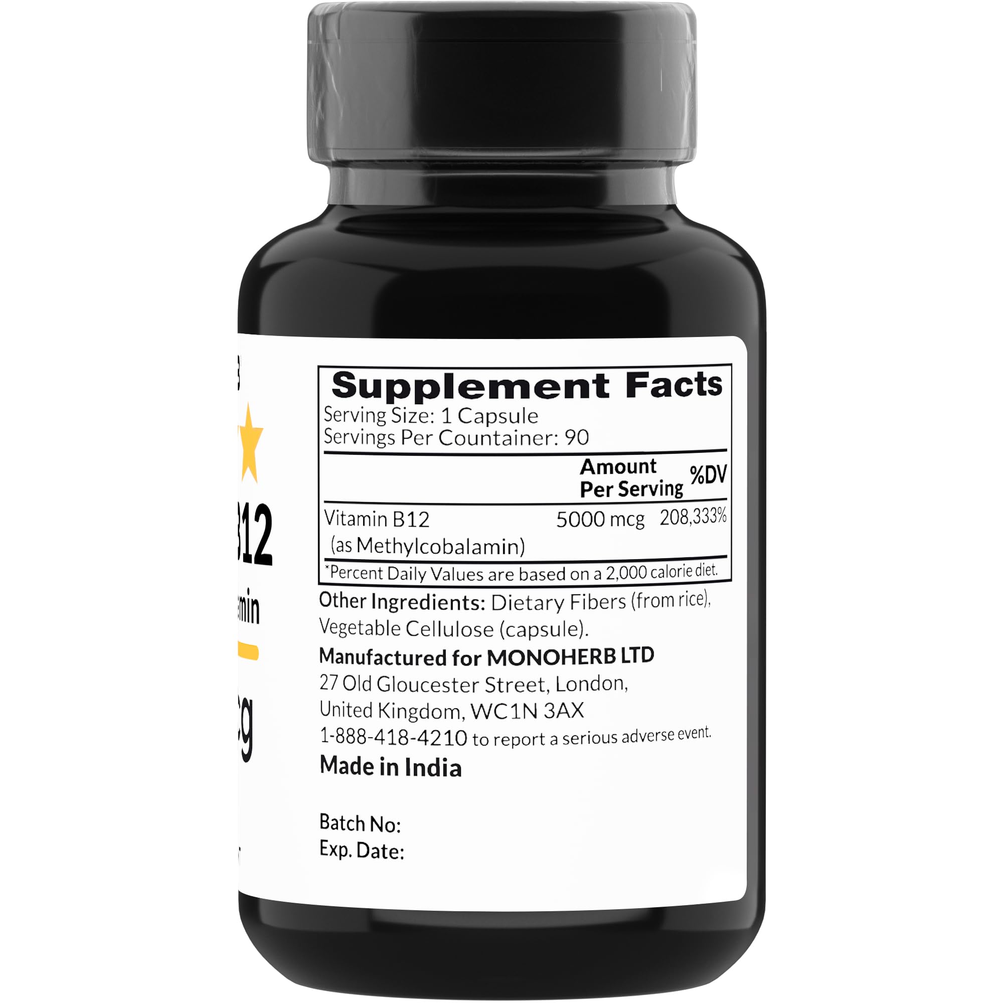 Close-up of a vegan capsule of B12 methylcobalamin 5000 mcg