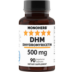 Bottle of MONOHERB Dihydromyricetin 500 mg DHM supplement with 90 vegan capsules