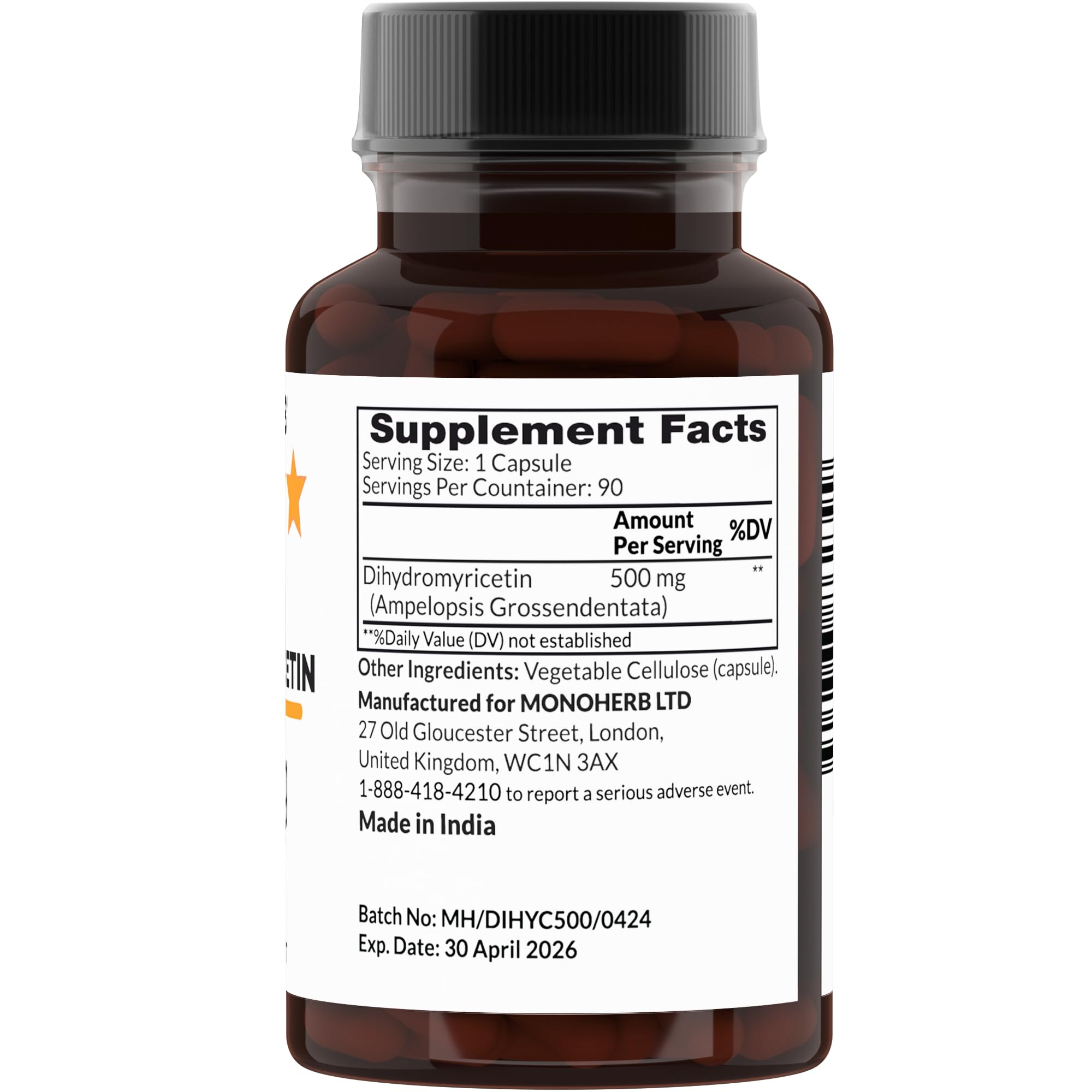 Transparent vegetable capsules for MONOHERB DHM 500 mg supplement