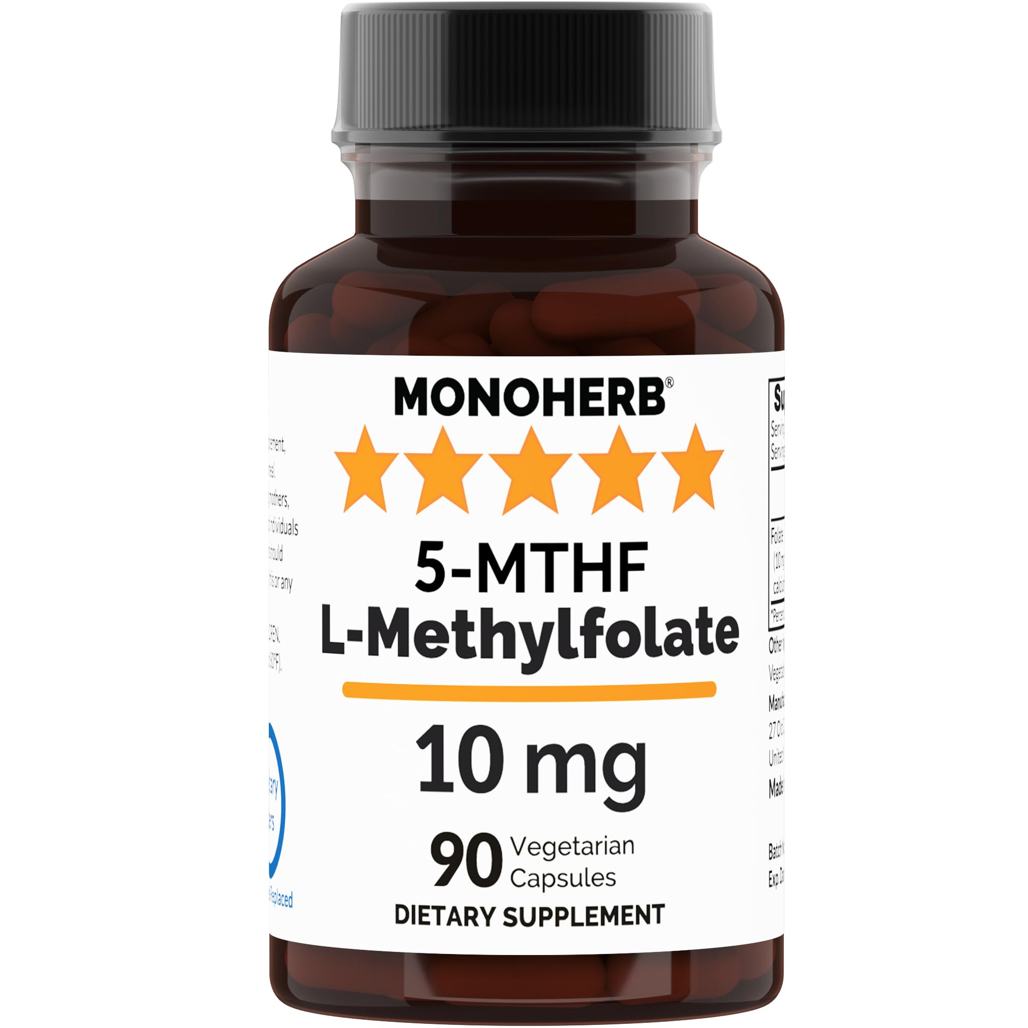 Front view of MONOHERB L-Methylfolate 10 mg bottle – 90 vegetarian capsules