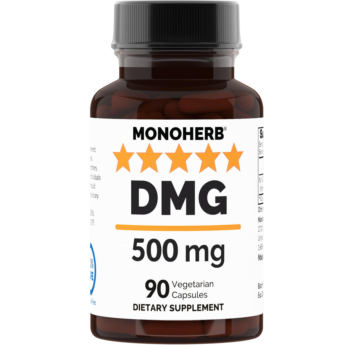MONOHERB N-Dimethyl Glycine 500 mg DMG supplement bottle - 90 vegan capsules