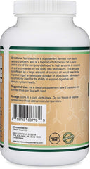 Close-up of monolaurin capsules showing coconut-derived origin